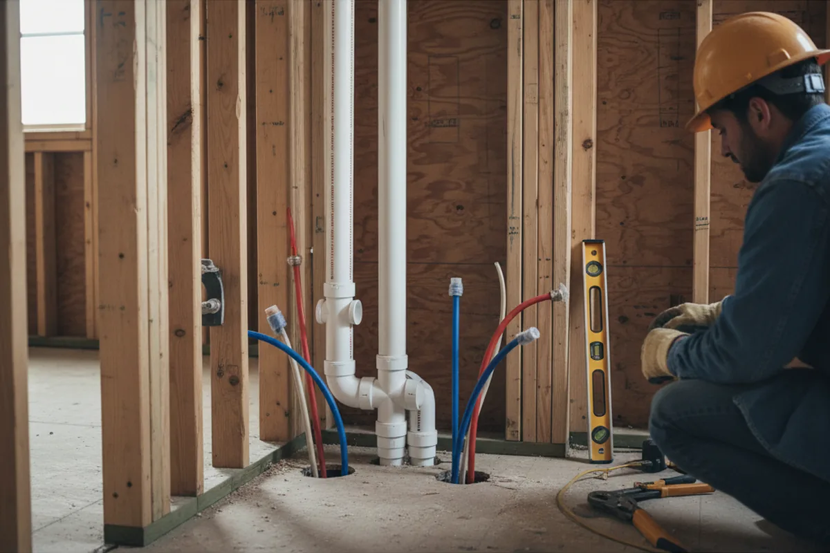 Drain and supply rough-in during Sump Pump Repair in West Newbury