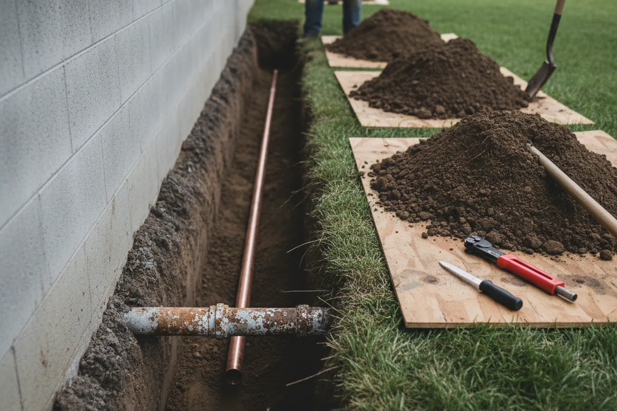 Excavated water line trench during Water Softener Installation in West Newbury